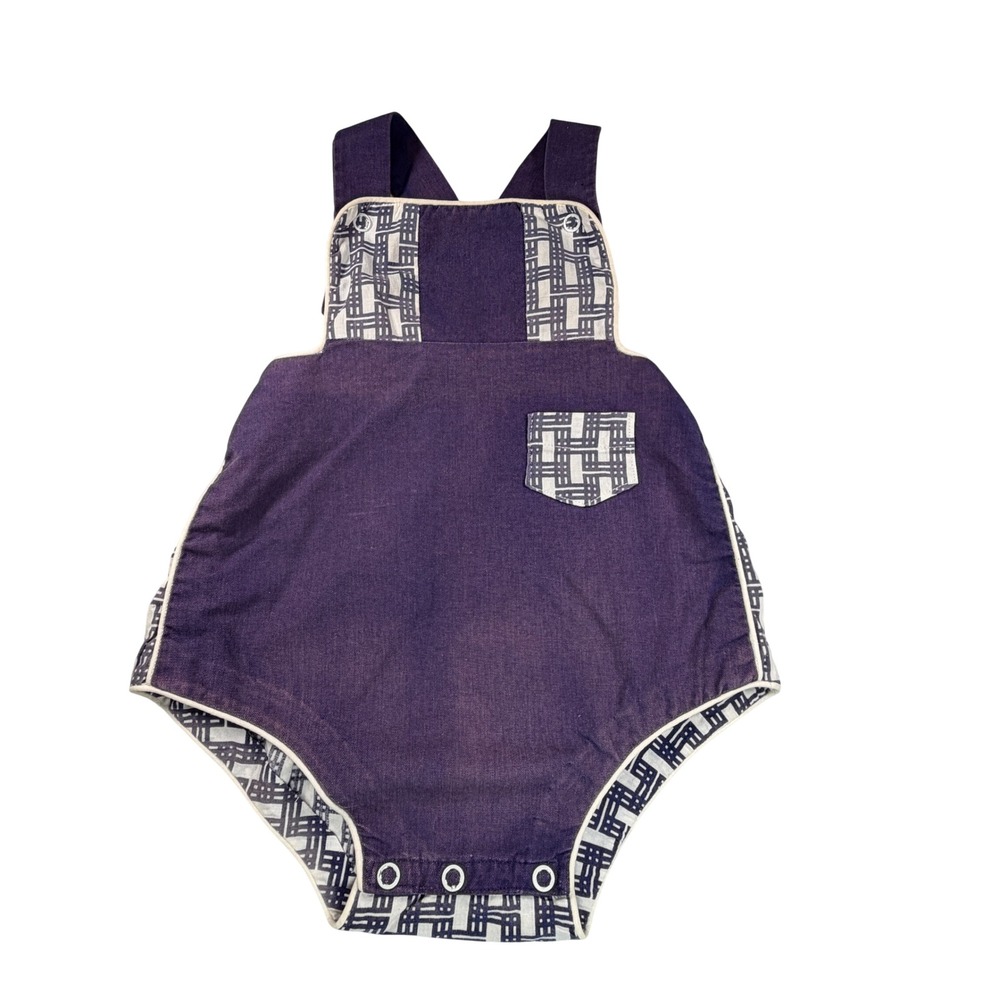 Vintage 1960s Handmade Baby Romper Sunsuit Purple Geometric (Est 3-6 mths) Snap